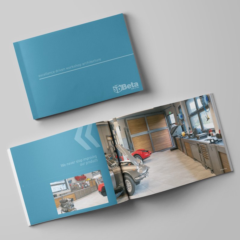 Mobili per officina armadi per officina personalizzati da 3D Beta brochure focalizzata sulla progettazione di officine professionali