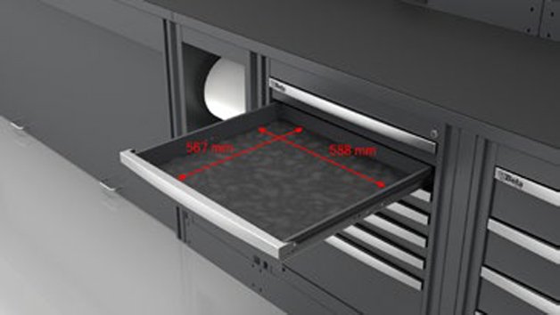 Soluzione per mobili da officina 3D Beta con cassetto parzialmente aperto che mostra le dimensioni interne