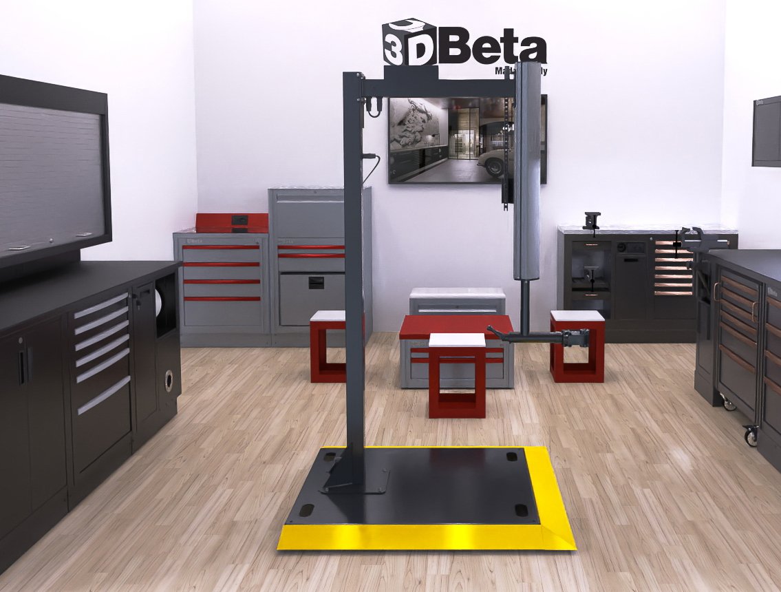 Mobili da officina con stazione di scansione 3D Beta 3D, armadietti per attrezzi e banchi da lavoro in officina