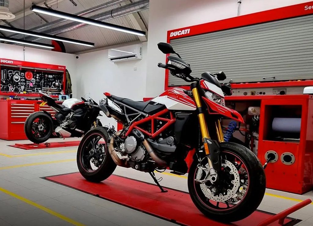 Workshop furniture and cabinets from 3D Beta line visible in Ducati London Motorcycle Workshop